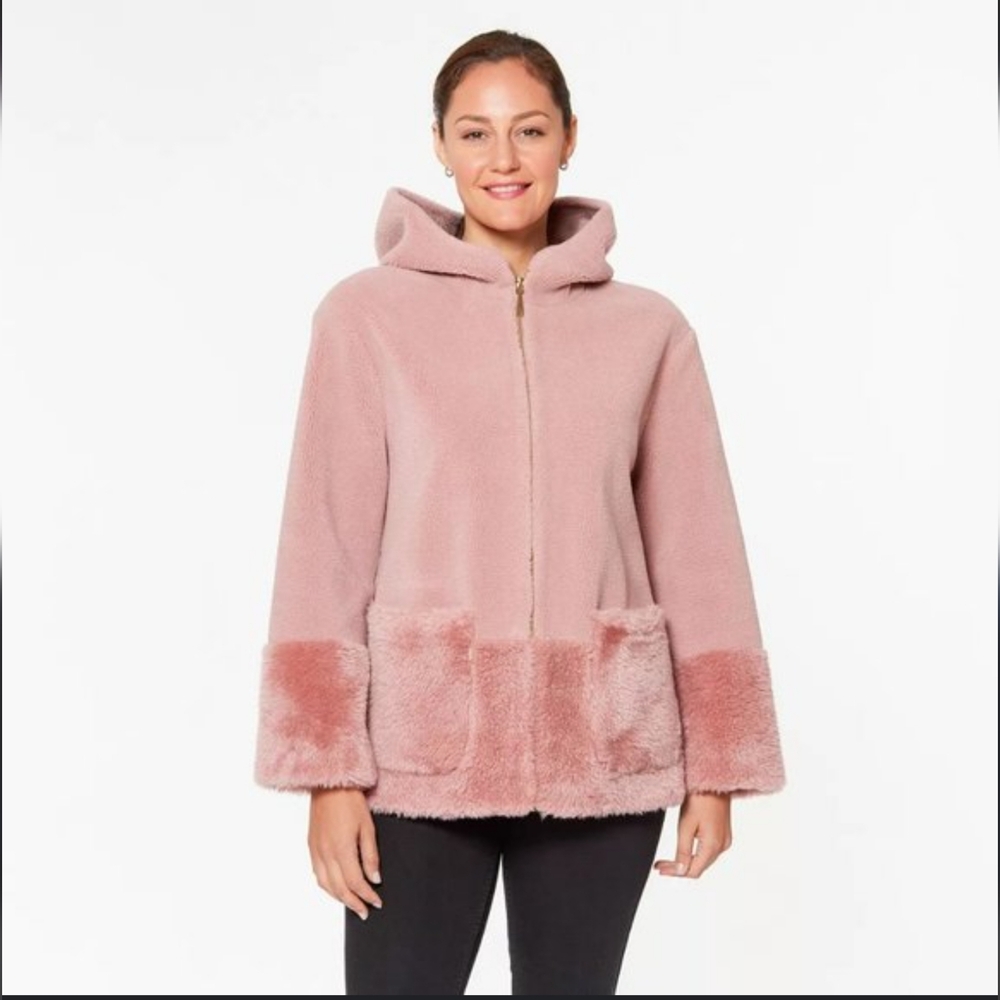Koolaburra by UGG Women S Pink Rose Full Zip Hooded Faux Fur Fuzzy Jacke…
